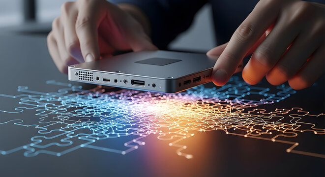 Innovative Technology Connection Hands Holding a Device with Digital Network