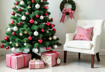 Decorated Christmas Tree, Presents, Wreath, and White Armchair