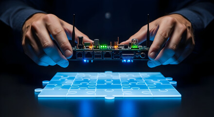 Network Hardware Held Above Digital Puzzle Demonstrating Connectivity Solutions