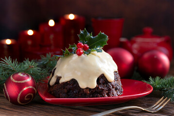 Traditional English Homemade Steamed  Christmas Plum Pudding