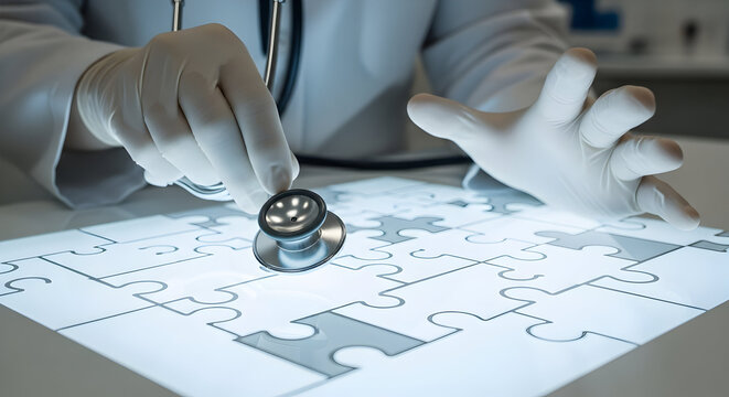 Medical Diagnosis Concept Doctors Stethoscope on Puzzle Representing Health Solutions