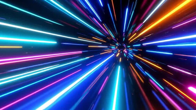 Abstract futuristic animation of vibrant neon lines racing forward at lightning speed, leaving glowing trails behind. A dynamic, high-energy motion background featuring fast-moving light streaks, crea