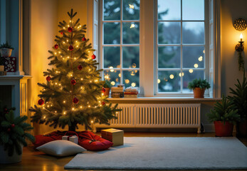Interior View of Christmas Tree with Decorations and Presents