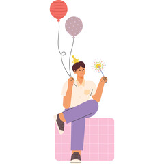 Joyful Young Man with Party Hat Holding Sparkler and Balloons Celebrating a Festive Occasion with a Smile on Transparent Background