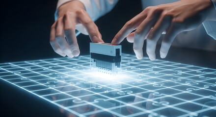 Scientist Activating Futuristic Digital Interface with Specialized Device