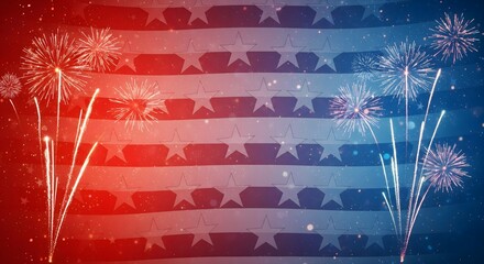 Abstract, patriotic background featuring an overlay of white stars and fireworks on wavy, red and blue gradient stripes, ideal for US holidays and national celebrations