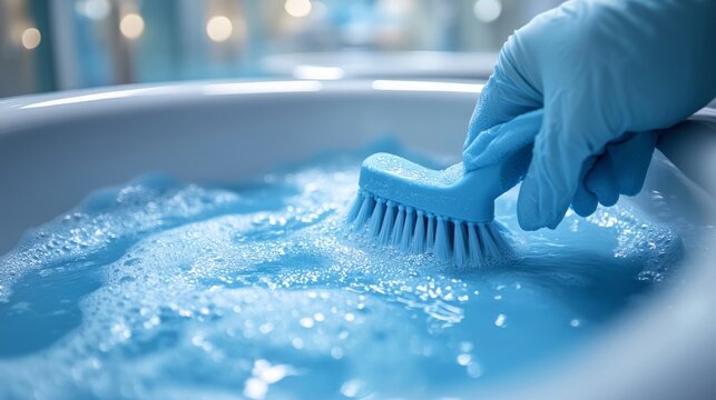 A hand in a glove diligently scrubs a blue surface immersed in soap bubbles, symbolizing cleanliness and freshness