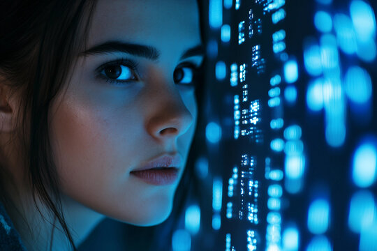 Close up of young person at digital futuristic virtual reality space, generative ai - Powered by Adobe