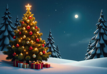 Decorated Christmas Tree with Gifts in a Snowy Winter Landscape