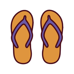 Yellow flip-flops featuring contrasting purple straps. Vibrant and casual summer footwear designed for easy walking on sand, boardwalks, or around the swimming pool during holidays.