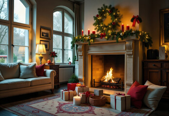 Living Room with Fireplace Decorated for Christmas