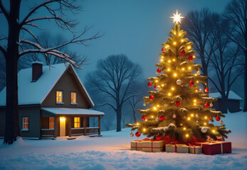 House, Christmas Tree, and Presents in Snow at Night