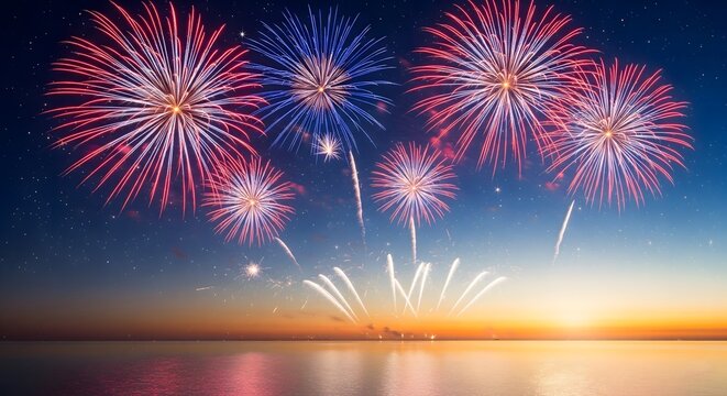 Breathtaking display of red and blue fireworks exploding in the night sky over the ocean or lake with a colorful sunset or twilight horizon and water reflection, celebrating a holiday or event