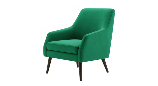 Elegant green velvet armchair isolated on transparent background