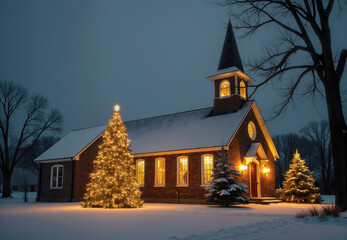 Church Building with Christmas Trees in Snowy Landscape at Night
