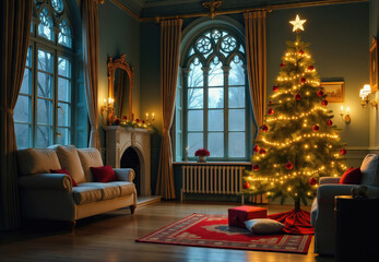 Christmas Tree in Decorated Living Room with Sofa and Fireplace