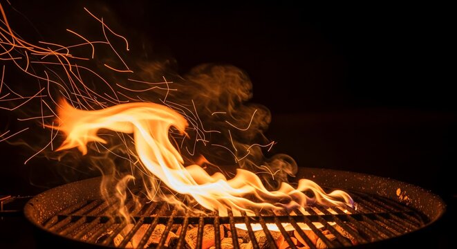 Bright, dynamic flames and glowing embers on a black BBQ grill with spectacular flying sparks, capturing the essence of cooking and heat in the dark night