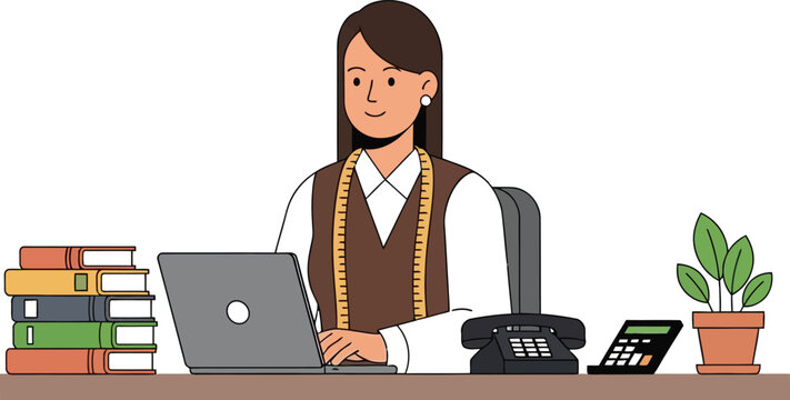 Woman working at desk with measuring tape symbolizing fashion design or tailoring business operations