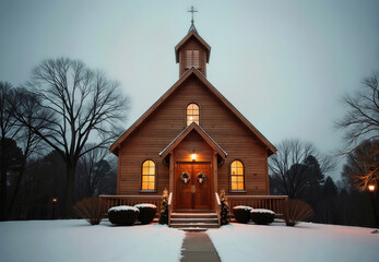 Wooden Church Building Exterior with Snow and Winter Trees