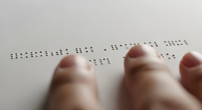 A low-angle, macro shot focused on a bright white surface with embossed or perforated Braille dots forming lines of text. 
