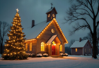 Church and Christmas Tree with Lights in Winter Snow
