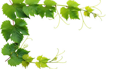 Vibrant green grape leaves and delicate tendrils forming an elegant frame on a transparent background with central copy space, overhead studio flat lay, soft light. Natural purity concept