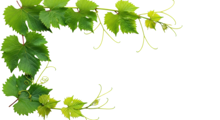 Vibrant green grape leaves and delicate tendrils forming an elegant frame on a transparent background with central copy space, overhead studio flat lay, soft light. Natural purity concept