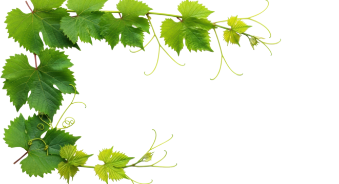 Vibrant green grape leaves and delicate tendrils forming an elegant frame on a transparent background with central copy space, overhead studio flat lay, soft light. Natural purity concept