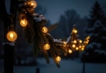 Snowy Pine Boughs with String Lights