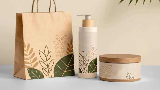Handmade digital store packaging with natural leaf design and eco friendly paper bag pump bottle round container for organic products and skincare