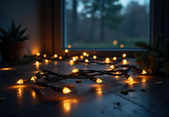 String Lights on Surface with Plants and Window