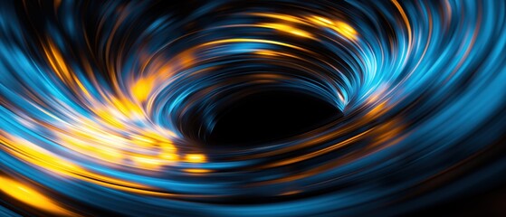Abstract background with blue and yellow lights swirling in black hole shape symbolizing time travel or cyberspace on dark background