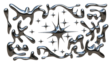 3D Chrome Liquid Frame with Metallic Fluid Shapes and Glossy Starburst Center – Abstract Silver Mercury Drip Border Design, Futuristic Brutalist Style Decorative Element