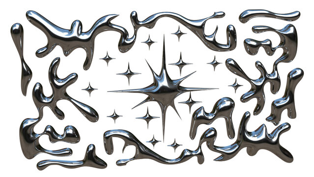 3D Chrome Liquid Frame with Metallic Fluid Shapes and Glossy Starburst Center &ndash; Abstract Silver Mercury Drip Border Design, Futuristic Brutalist Style Decorative Element