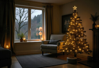 Interior View of Living Room with Christmas Tree and Armchair