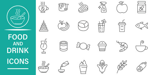 Food and drink icon pack expressing restaurant, dishes, fruits, pizza, fish, coffee, burger, birthday cake and more. Outline collection of 24 symbols. Editable stroke. Vector illustration.