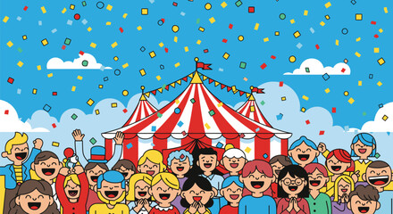 Cheerful Crowd Gathers Before a Vibrant Circus Tent Illustration. © Suryaaji