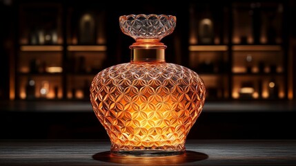 A beautifully crafted crystal decanter showcases rich amber hues, adding sophistication to an upscale atmosphere