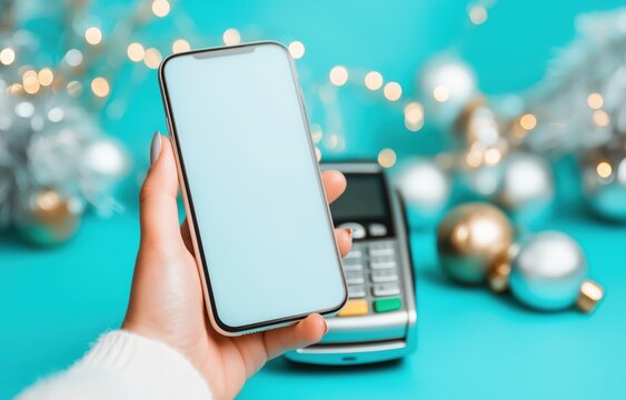 A woman holds a smartphone in a decorated space during Christmas, ready for contactless payment
