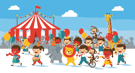 Cheerful Circus Parade with Animals and Children Illustration.