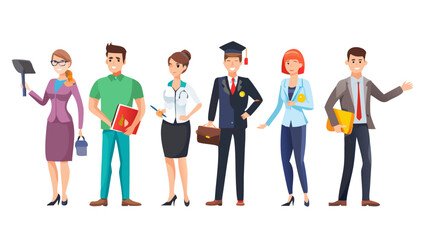Obraz premium Professions, jobs, choosing a career. Different male and female special training, education for future life, successful employment. Vector flat style cartoon illustration isolated on white background 