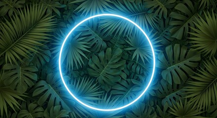 Neon oval frame glowing against a backdrop of tropical palm leaves
