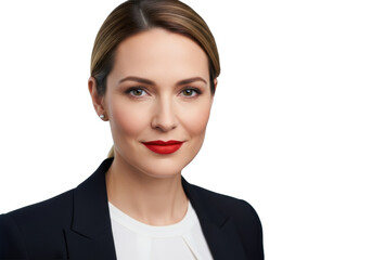 Professional woman, red matte lipstick, subtle smile, direct eye contact, dark blazer, blurred studio background. Concept of executive presence