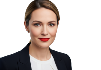 Professional woman, red matte lipstick, subtle smile, direct eye contact, dark blazer, blurred studio background. Concept of executive presence