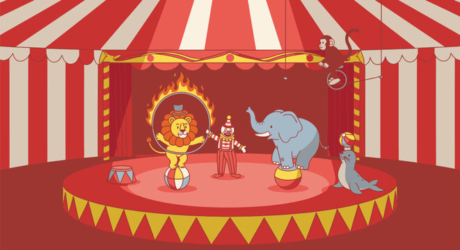 Circus Animals Performing on Stage Under Big Top Tent.