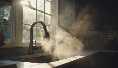 Steam rises from the faucet in a dimly lit kitchen, illuminated by sunlight streaming through a nearby window.