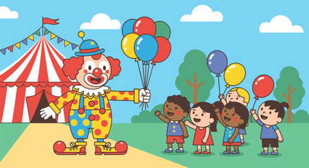 Clown Entertaining Children with Balloons at a Circus.
