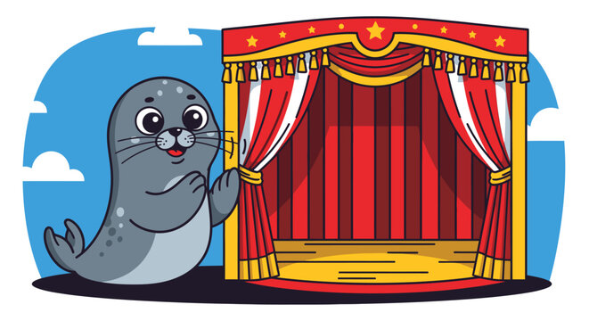 Cartoon Seal Presenting a Stage Show with Red Curtains.