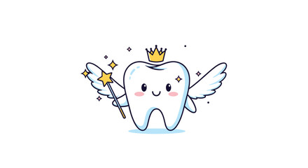 Adorable tooth fairy character wearing a golden crown and wings, holding a sparkling magic wand, radiating joy and magic.