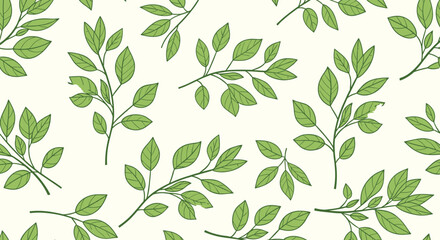 Seamless pattern with hand-drawn green leaves on delicate branches against a light background, evoking a fresh and natural botanical theme.